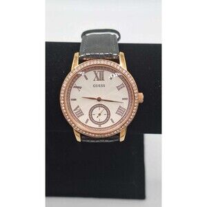 GUESS Women's Classic Grey Watch Leather Strap Rose Gold tone Sparkly